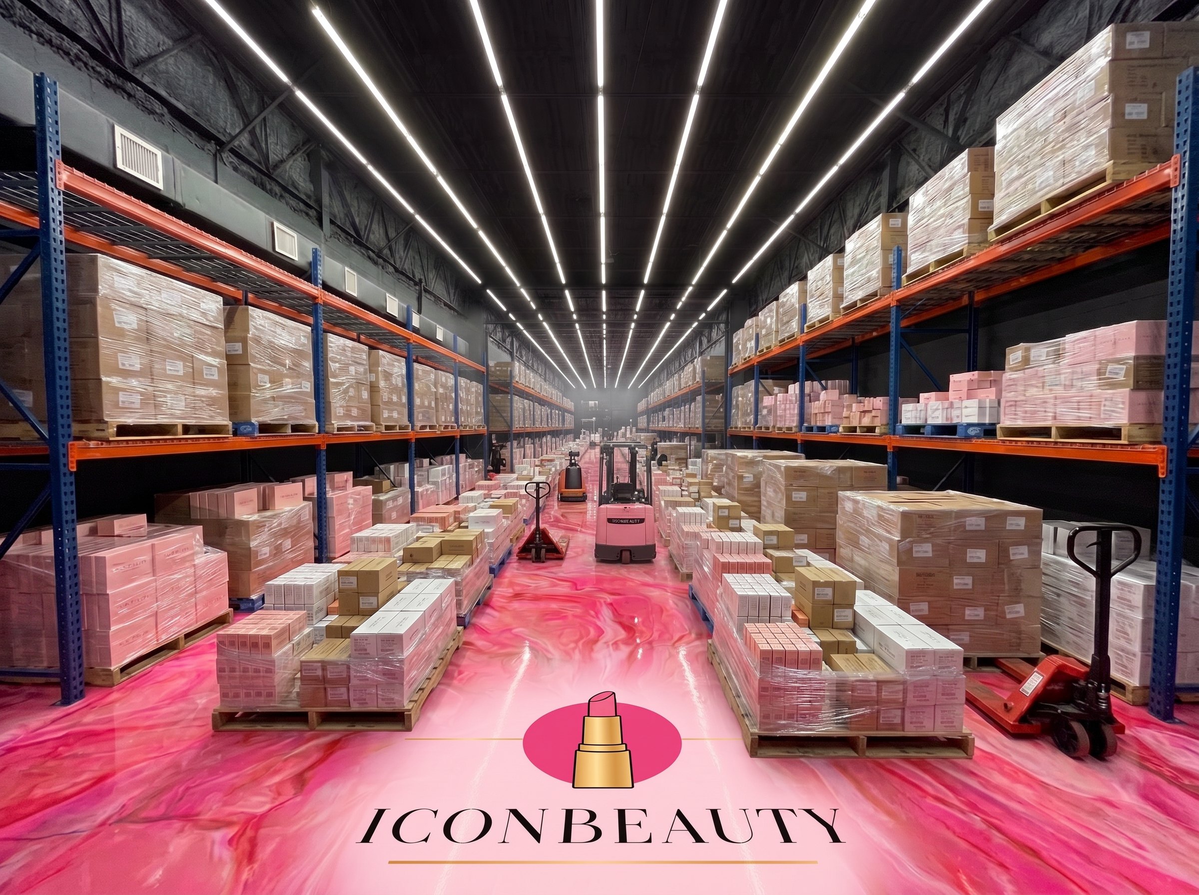 Icon Beauty warehouse with pink logo floor, industrial racks and wholesale pallets
